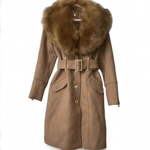 Guess by Marciano Tan Wool Blend Trench Coat with Faux Fur Collar